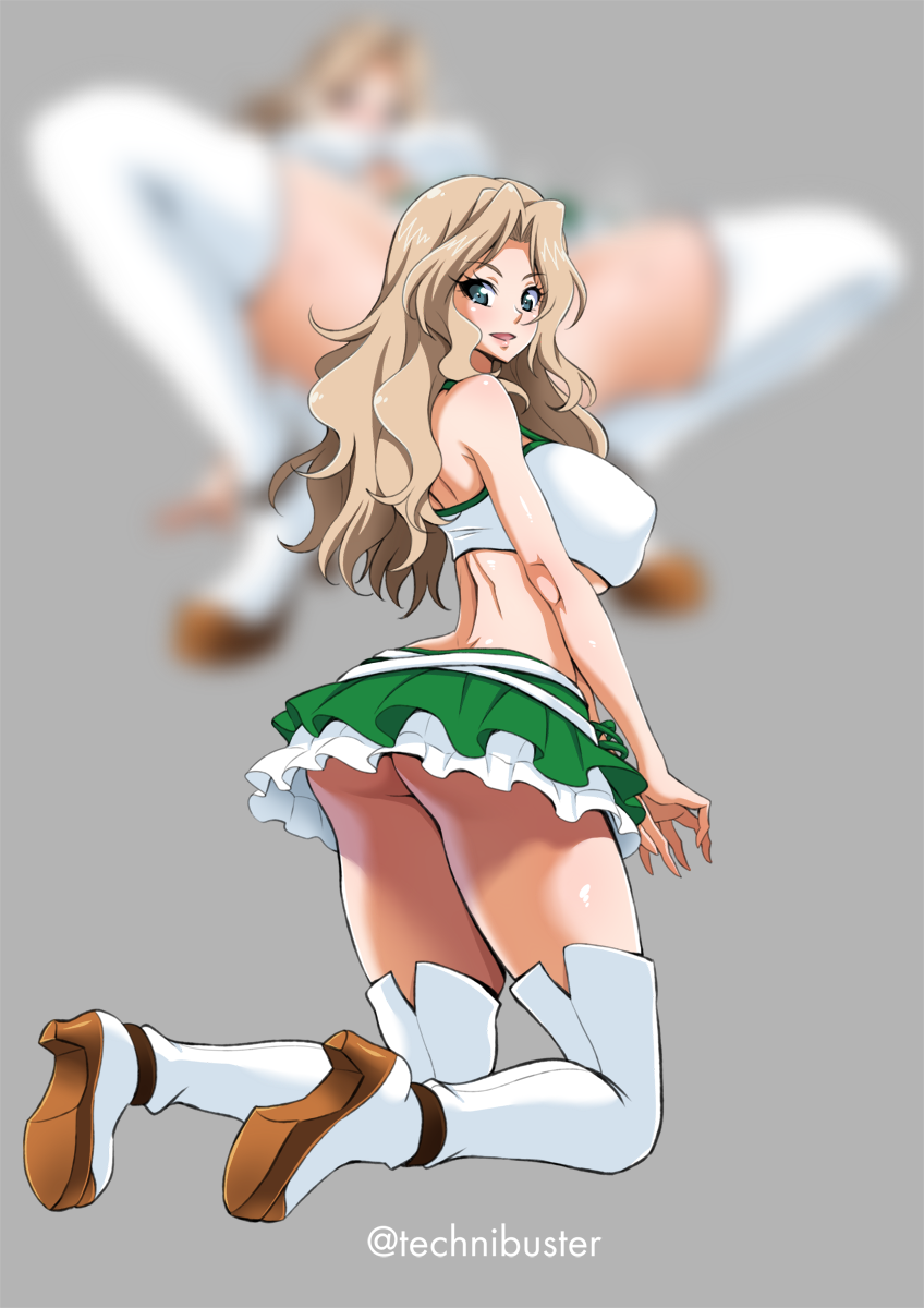 1girl alternate_costume ass back belt blonde_hair blue_eyes blur_censor blurry blurry_background boots breasts censored commentary_request crop_top frilled_skirt frills girls_und_panzer green_skirt hair_intakes high_heel_boots high_heels highres kay_(girls_und_panzer) kneeling large_breasts layered_skirt long_hair looking_at_viewer looking_back microskirt nakamura_remu open_mouth partial_commentary racequeen shirt simple_background skirt smile solo thigh-highs thigh_boots twitter_username white_belt white_footwear white_shirt