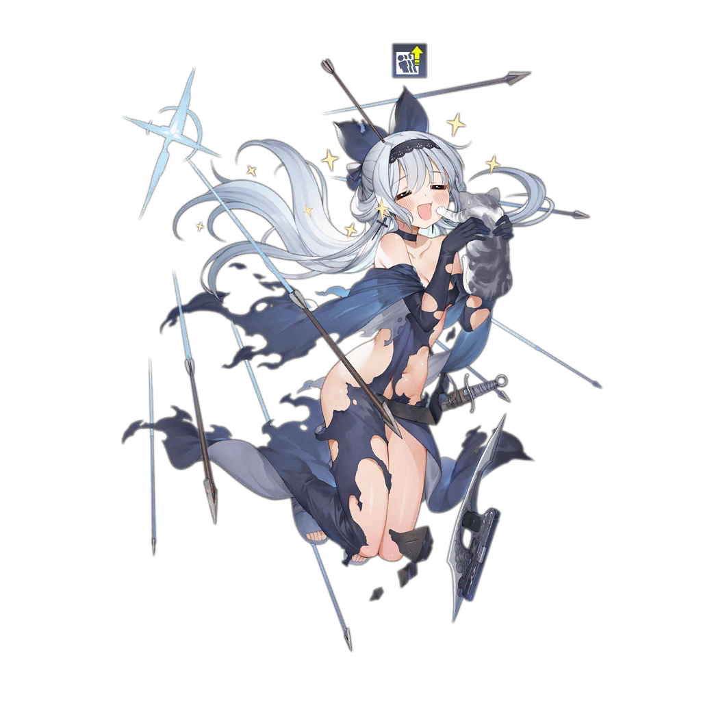 1girl alternate_costume animal armor arrow arrow_in_head bandages bangs bare_shoulders belt black_choker black_hairband blue_eyes blush boots bow breasts cat choker closed_eyes collarbone cross cross_earrings damaged dress earrings eyebrows_visible_through_hair face facing_viewer floating_hair full_body girls_frontline grey_bow grey_dress grey_footwear groin gun haijin hair_bow hairband handgun high_heel_boots high_heels holding holding_cat jewelry jumping labyrinth_of_the_dark lace-trimmed_hairband long_hair navel official_art open_mouth pelvic_curtain pistol pouch red_eyes sheath sheathed short_sword sidelocks silver_hair small_breasts solo star strapless strapless_dress sword toeless_boots tokarev_(girls_frontline) tokarev_tt-33 torn_clothes transparent_background very_long_hair weapon wind