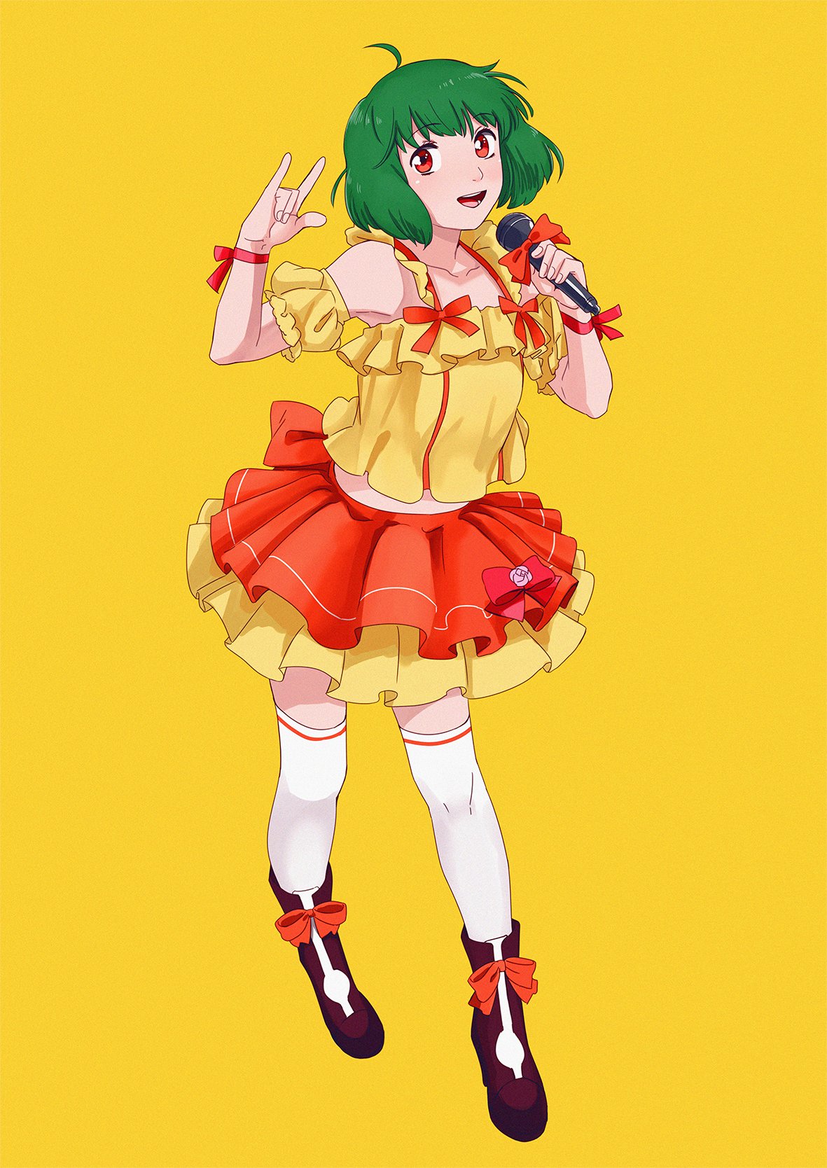 1girl \m/ blouse boots commentary detached_sleeves full_body green_hair highres idol macross macross_frontier microphone music ojipon pleated_skirt ranka_lee red_eyes seikan_hikou short_hair simple_background singing skirt solo symbol_commentary thigh-highs white_legwear yellow_background yellow_blouse