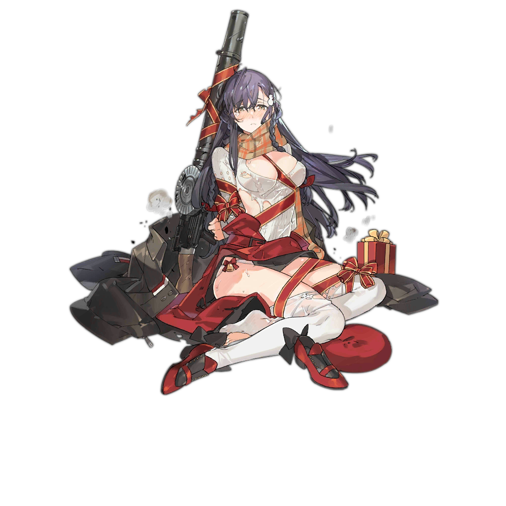 1girl bangs black_jacket blush bow braid breasts brown_eyes damaged full_body gift girls_frontline grey_hair gun hair_between_eyes hair_ornament hat hat_removed headwear_removed jacket jacket_removed legs lewis_(girls_frontline) lewis_gun long_hair long_sleeves machine_gun medium_breasts red_footwear scarf shirt shoes shoes_removed single_shoe sitting solo starshadowmagician tears thigh-highs torn_clothes torn_legwear torn_shirt transparent_background weapon white_legwear white_shirt