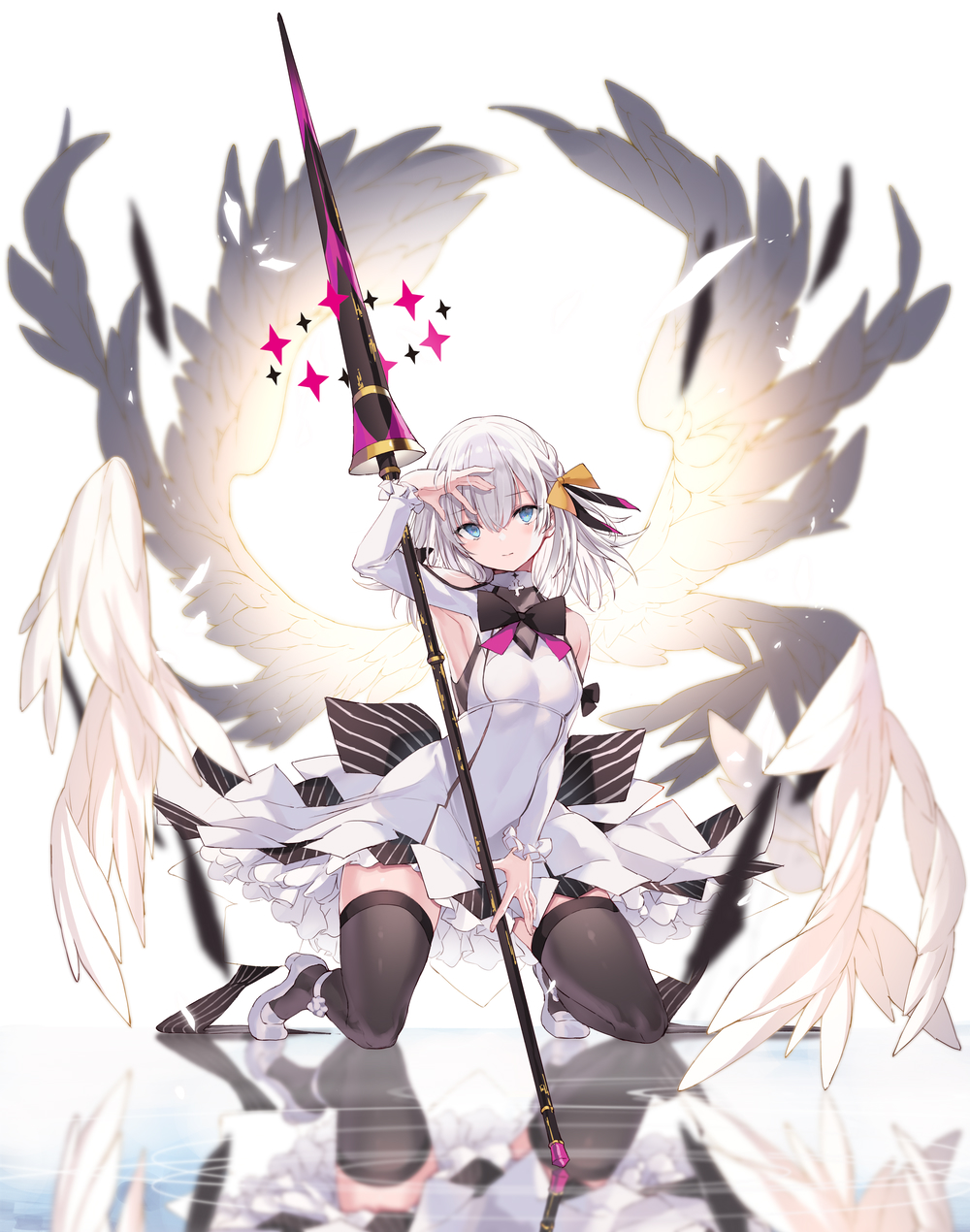 1girl angel_wings armpits bare_shoulders black_legwear black_ribbon blue_eyes blurry breasts closed_mouth commentary_request detached_sleeves dress expressionless feathered_wings feathers hair_between_eyes hair_ribbon hand_on_own_head head_tilt highres holding holding_weapon kneeling lance light_ray long_sleeves looking_at_viewer medium_hair nanananana neck_ribbon orange_ribbon original polearm reflection ribbon shoes short_dress shoulder_cutout small_breasts solo thigh-highs weapon white_dress white_footwear white_hair wings zettai_ryouiki