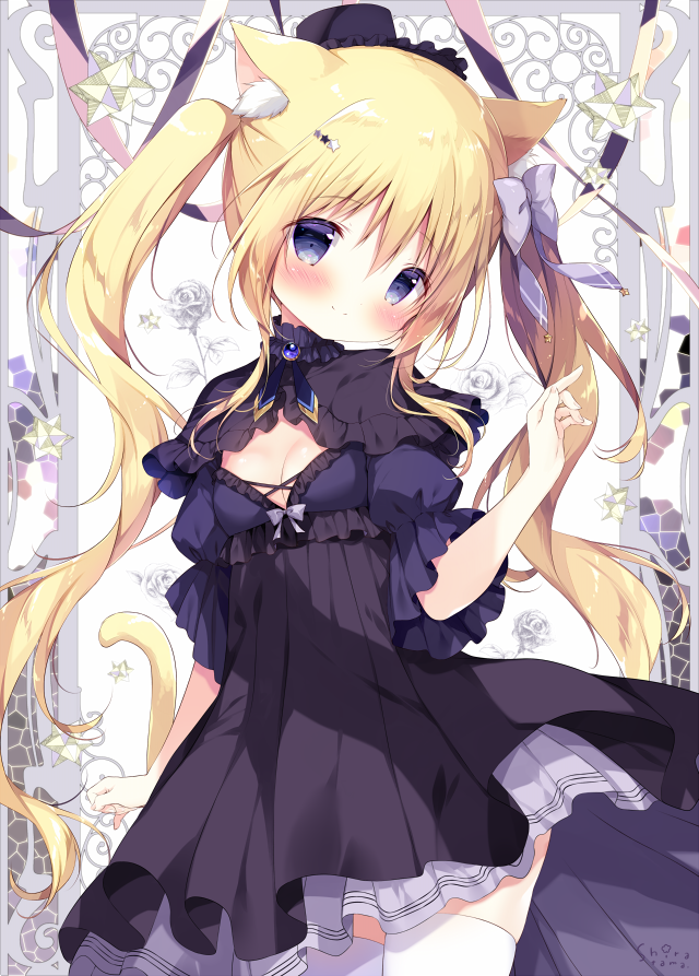 1girl animal_ear_fluff animal_ears bangs black_dress black_headwear blonde_hair blush bow cat_ears cat_girl cat_tail closed_mouth commentary_request dress eyebrows_visible_through_hair floral_background hair_between_eyes hair_bow hair_ornament hand_up hat head_tilt korone_(shiratama) long_hair looking_at_viewer mini_hat original pleated_dress puffy_short_sleeves puffy_sleeves purple_bow shiratama_(shiratamaco) short_sleeves sidelocks smile solo star star_hair_ornament tail thigh-highs twintails very_long_hair violet_eyes white_legwear wide_sleeves