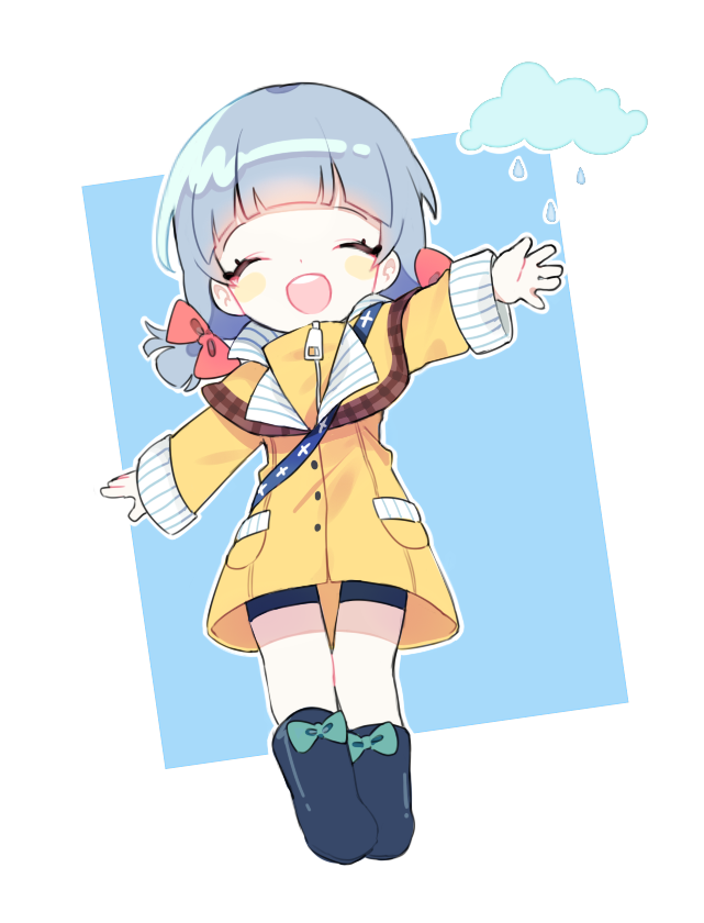 1girl 417_(ionxx417) :d ^_^ bangs black_footwear blue_background blue_hair blunt_bangs blush_stickers boots bow charlotte_(cyphers) chibi closed_eyes clouds cyphers facing_viewer full_body green_bow hair_bow long_hair long_sleeves open_mouth outline outstretched_arms rain raincoat red_bow simple_background smile solo spread_arms twintails water_drop white_outline yellow_raincoat