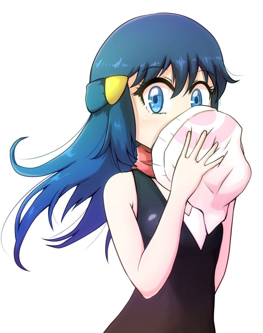 1girl bangs black_shirt blue_eyes blue_hair eyebrows_visible_through_hair floating_hair hair_between_eyes hat hikari_(pokemon) holding holding_hat kurachi_mizuki long_hair looking_at_viewer pokemon pokemon_(game) pokemon_dppt shiny shiny_hair shirt simple_background sleeveless sleeveless_shirt solo upper_body white_background white_headwear