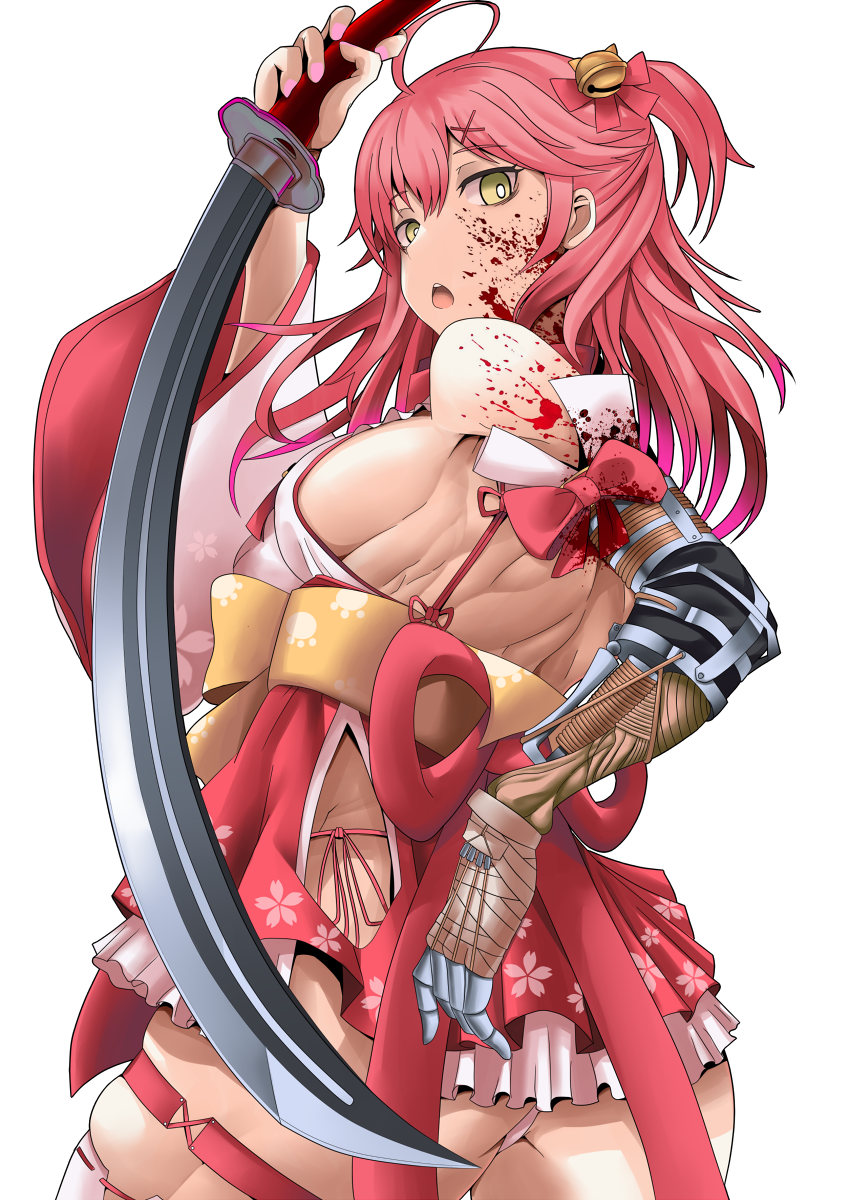 1girl ahoge ass bare_shoulders bell blood blood_on_face bloody_clothes breasts cherry_blossom_print chestnut_mouth dateya_torahachi floral_print green_eyes hair_bell hair_ornament hairclip highres hololive long_hair muscle muscular_female one_side_up open_mouth paw_print_pattern pink_hair sakura_miko sekiro:_shadows_die_twice sideboob solo sword upper_teeth virtual_youtuber weapon white_background wide_sleeves