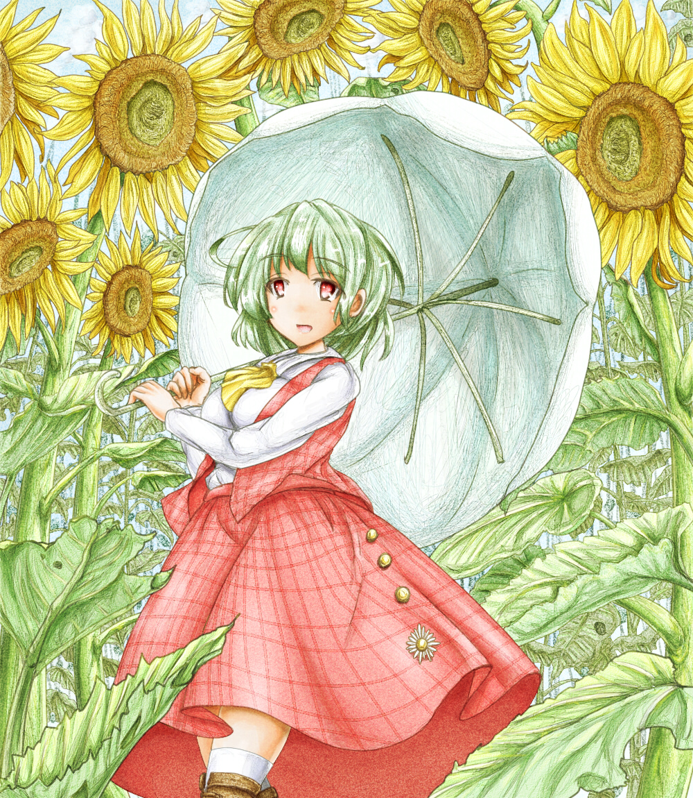 1girl blue_sky boots breasts brown_footwear clouds commentary contrapposto cravat day eyebrows_visible_through_hair feet_out_of_frame field flower flower_field green_hair holding holding_umbrella kazami_yuuka kneehighs large_breasts long_sleeves looking_to_the_side open_clothes open_mouth open_vest outdoors plaid plaid_skirt plaid_vest red_eyes shirt short_hair skirt sky solo standing sunflower touhou umbrella vest white_legwear white_shirt yellow_neckwear ys_(ytoskyoku-57)