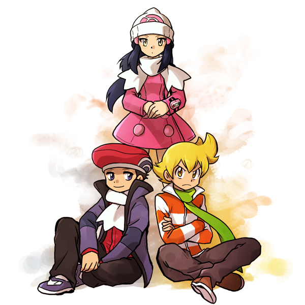 1girl 2boys beanie black_pants blonde_hair boat brown_footwear commentary_request crossed_arms diamond_(pokemon) dress full_body green_scarf hat hk_(nt) long_hair looking_at_viewer multiple_boys pants pearl_(pokemon) pink_dress platinum_berlitz pokemon pokemon_special poketch purple_footwear scarf shoes simple_background sitting standing violet_eyes watch watch watercraft white_background white_headwear white_scarf winter_clothes yellow_eyes