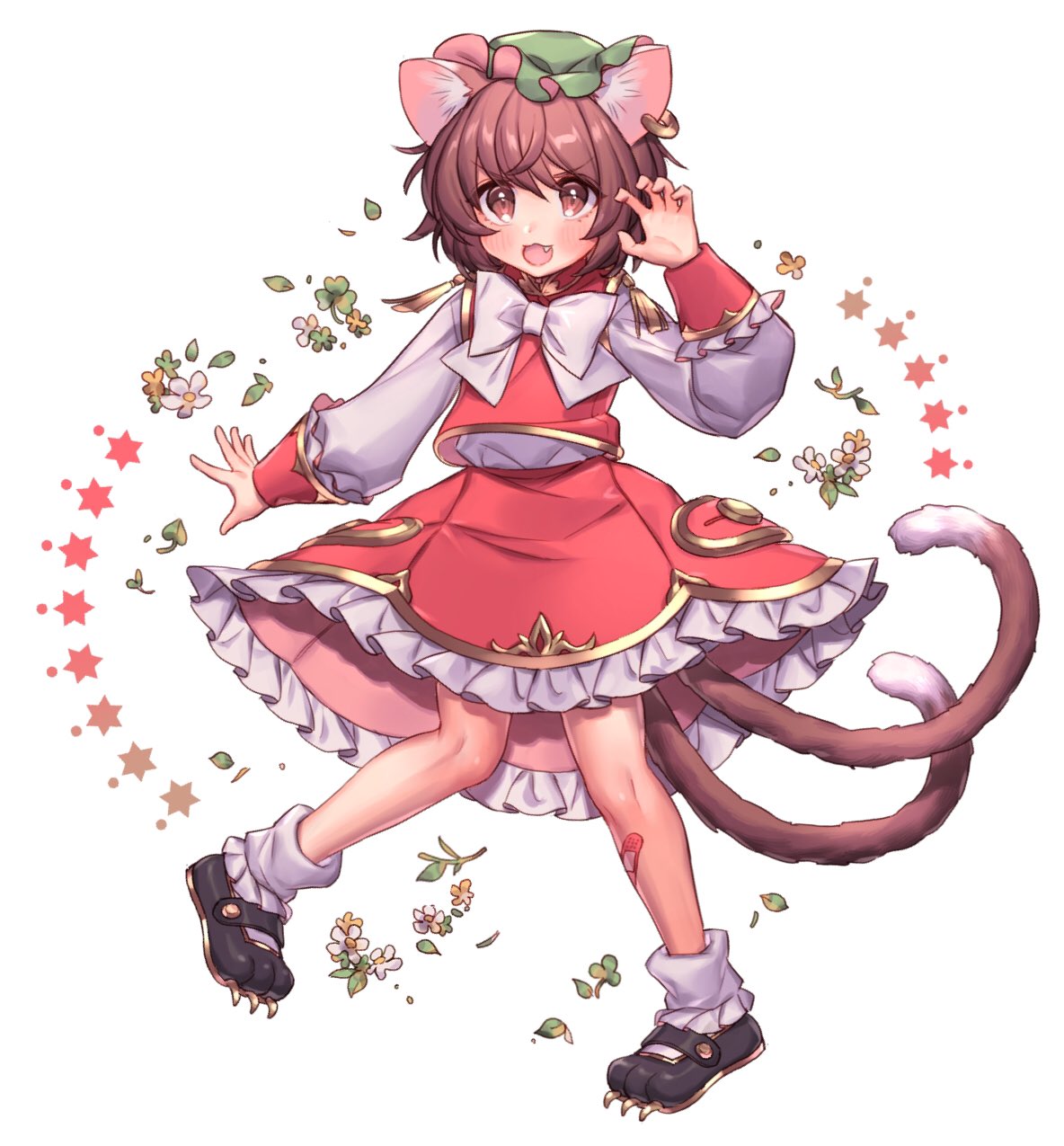 1girl :d animal_ears bandaid bandaid_on_leg bangs black_footwear blush bow bowtie brown_eyes brown_hair cat_ears chen claw_pose commentary earrings eyebrows_visible_through_hair fang flower full_body green_headwear hand_up hat highres jewelry long_sleeves looking_at_viewer masanaga_(tsukasa) miniskirt mob_cap multiple_tails nekomata open_mouth red_skirt red_vest shirt shoes short_hair simple_background skirt smile socks solo symbol_commentary tail touhou two_tails vest white_background white_bow white_flower white_legwear white_neckwear white_shirt