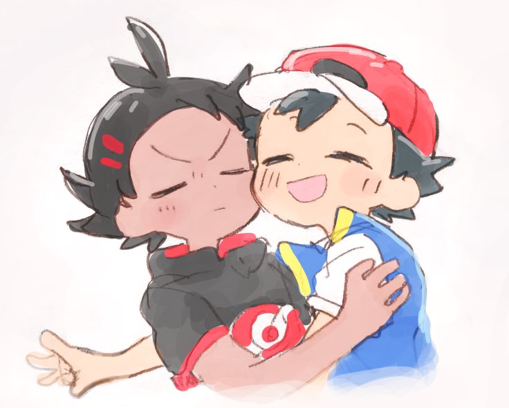 2boys baseball_cap black_hair blue_vest blush cheek-to-cheek closed_eyes commentary_request dark_skin dark_skinned_male ecstasy embarrassed gou_(pokemon) grey_shirt grumpy hair_ornament hairclip hat kurage2535 male_focus multiple_boys open_mouth pokemon pokemon_(anime) pokemon_swsh_(anime) satoshi_(pokemon) shirt simple_background spiky_hair upper_body vest white_background white_shirt