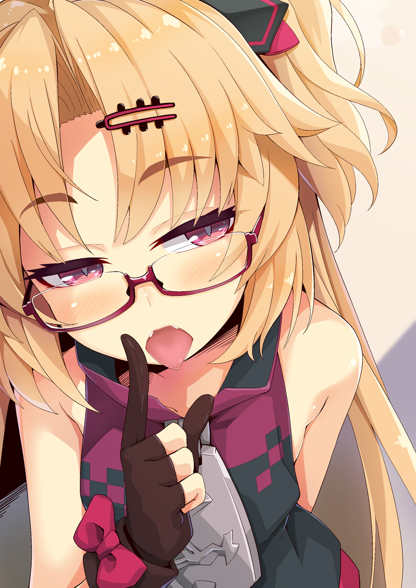 1girl akatsuki_yuni bangs bare_shoulders black_dress blonde_hair bow brown_gloves commentary_request dress fangs glasses gloves hair_ornament hairclip half-closed_eyes highres index_finger_raised long_hair looking_at_viewer ogami_kazuki one_side_up open_mouth parted_bangs partly_fingerless_gloves red-framed_eyewear red_bow red_eyes semi-rimless_eyewear sleeveless sleeveless_dress solo tongue tongue_out under-rim_eyewear uni_channel upper_body virtual_youtuber