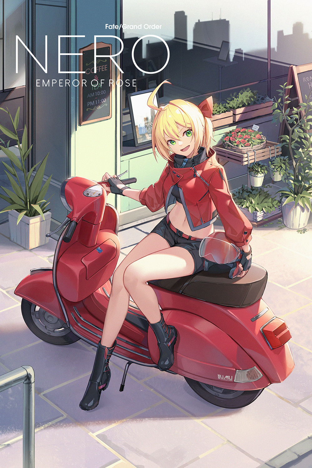 1girl :d ahoge bangs black_footwear black_gloves black_shirt black_shorts blonde_hair boots bow character_name commentary_request crop_top day fate/extra fate_(series) fingerless_gloves flower gloves green_eyes hair_between_eyes hair_bow hair_intakes head_tilt headwear_removed helmet helmet_removed highres jacket long_sleeves looking_at_viewer midriff motorcycle_helmet navel nero_claudius_(fate) nero_claudius_(fate)_(all) nian open_mouth outdoors plant ponytail potted_plant red_bow red_flower red_jacket shirt short_shorts shorts sitting smile solo v-shaped_eyebrows