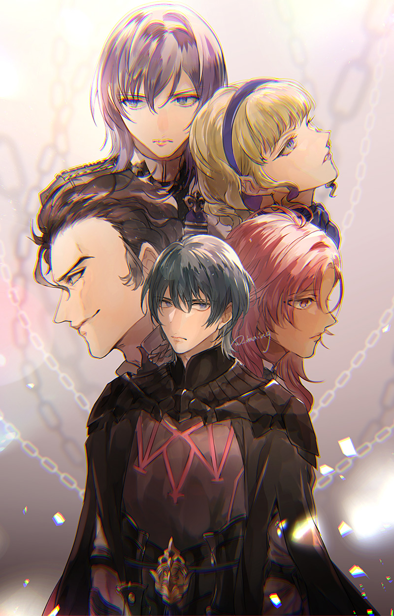 2girls 3boys balthus_(fire_emblem) blonde_hair blue_eyes blue_hair blue_hairband brown_hair byleth_(fire_emblem) byleth_eisner_(male) chain closed_mouth constance_(fire_emblem) dark_skin fire_emblem fire_emblem:_three_houses hairband hapi_(fire_emblem) highres imaing multiple_boys multiple_girls parted_lips pink_eyes pink_hair purple_hair short_hair twitter_username violet_eyes yuri_(fire_emblem)