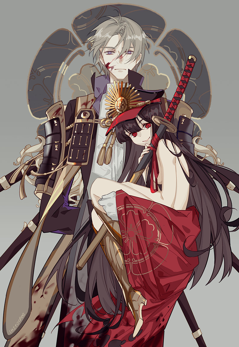 1boy 1girl armor black_hair blood blood_on_face bloody_clothes brown_hair carrying clothed_male_nude_female crossover empty_eyes fate_(series) gloves hat heshikiri_hasebe instocklee japanese_armor katana koha-ace nude oda_nobunaga_(fate) oda_nobunaga_(fate)_(all) red_eyes shako_cap sheath sheathed shoulder_armor smile sode sword touken_ranbu violet_eyes weapon white_gloves