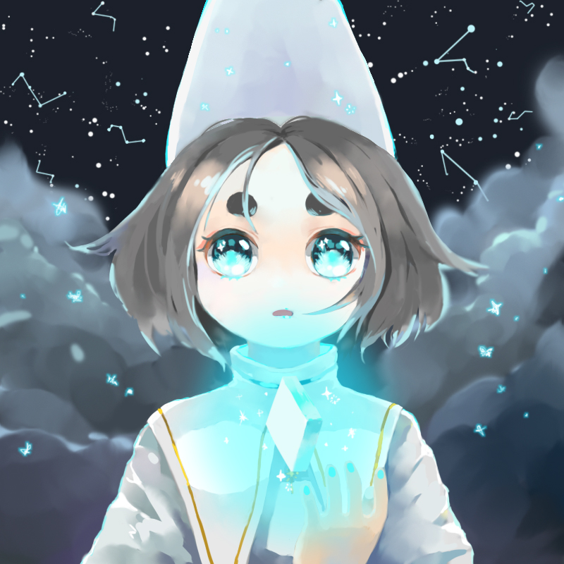 1girl bangs black_hair blue_eyes blue_nails clouds constellation dmwggg glowing hat ida_(monument_valley) monument_valley_(game) night night_sky parted_bangs sky solo thick_eyebrows upper_body white_headwear