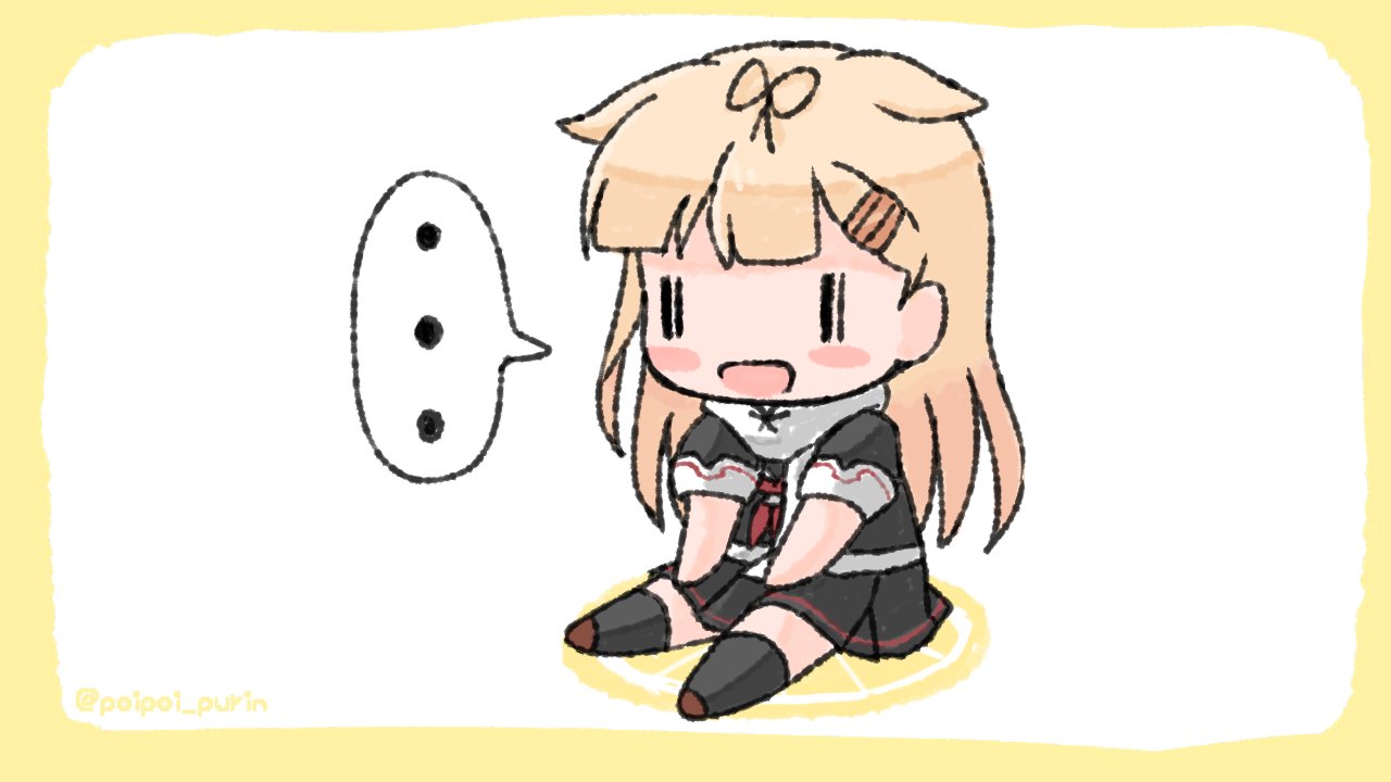 1girl black_legwear black_ribbon black_serafuku black_skirt blonde_hair blush_stickers chibi commentary_request hair_flaps hair_ornament hair_ribbon hairclip kantai_collection long_hair neckerchief pleated_skirt red_neckwear remodel_(kantai_collection) ribbon sattsu scarf school_uniform serafuku sitting skirt smile solo white_scarf yuudachi_(kantai_collection) ||_||