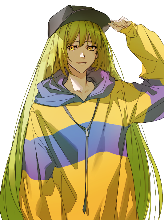 1other adjusting_clothes adjusting_hat androgynous baseball_cap contemporary enkidu_(fate/strange_fake) fate/strange_fake fate_(series) green_hair hat hood hoodie jacket long_hair maka_(mksrw) solo very_long_hair yellow_eyes yellow_jacket