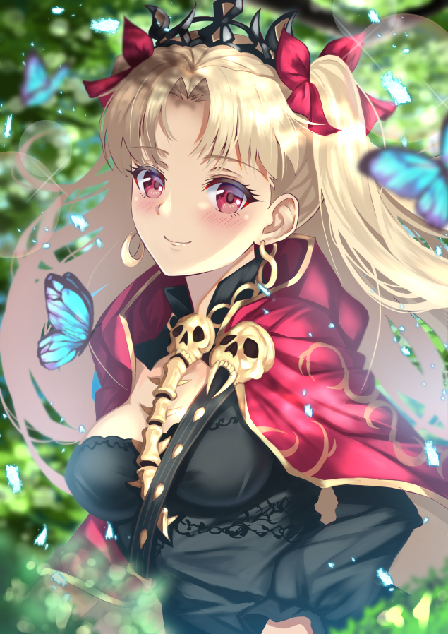 1girl animal bangs black_dress blonde_hair blurry blurry_background blush bow breasts bug butterfly cape closed_mouth commentary_request detached_sleeves dress earrings ereshkigal_(fate/grand_order) eyebrows_visible_through_hair fate/grand_order fate_(series) hair_bow infinity insect jewelry long_hair long_sleeves looking_at_viewer medium_breasts mishiro0229 parted_bangs red_bow red_cape red_eyes skull smile solo spine tiara two_side_up upper_body very_long_hair