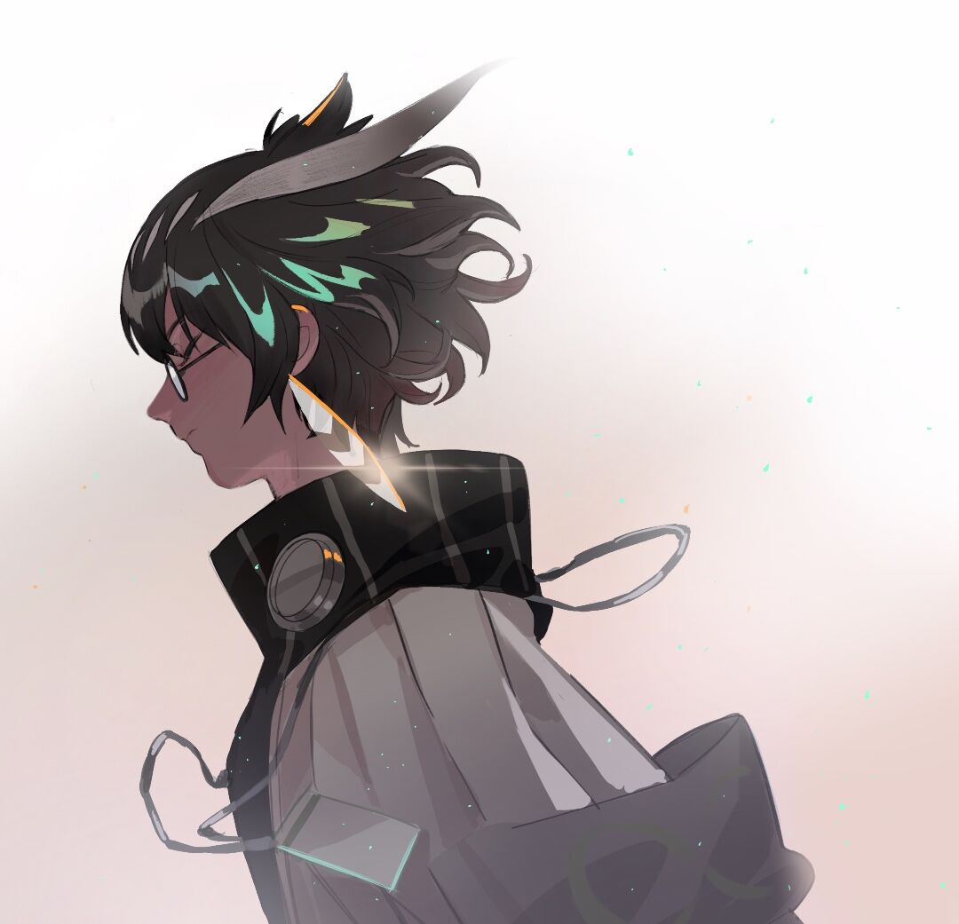 1girl 90fen5 arknights armband bangs bob_cut brown_hair cloak closed_eyes contrast feathers glasses gleam gradient gradient_background hair_blowing high_collar highlights lanyard light_particles looking_to_the_side multicolored_hair silence_(arknights) thinking wind wind_lift