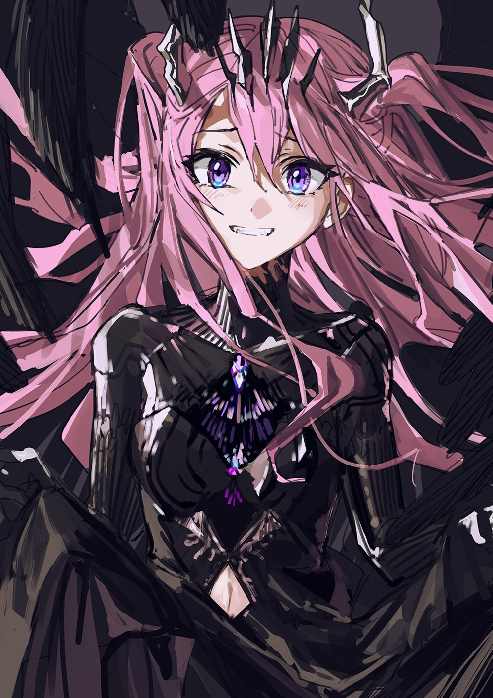 1girl black_dress blush commentary_request curtsey dress fangs grin hair_between_eyes highres horns long_hair looking_at_viewer navel navel_cutout original pink_hair raised_eyebrows sketch skirt_hold smile solo teeth two_side_up upper_body violet_eyes wattaro wings