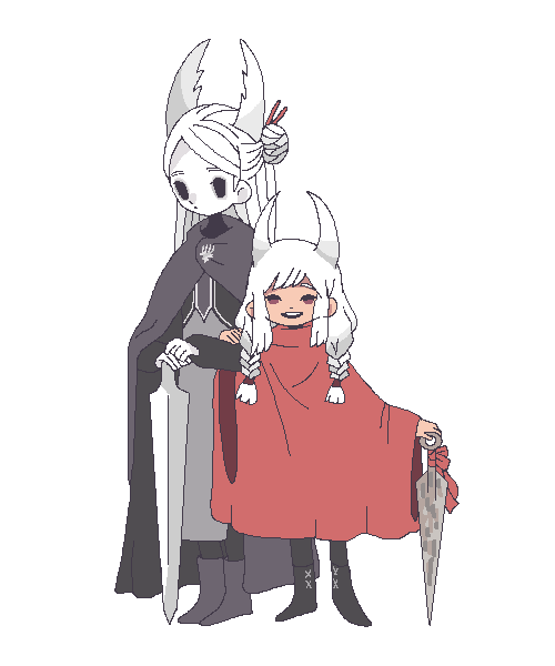 2girls black_cape black_eyes black_footwear braid cape hair_bun himiko_(hydrangeamaiden) hollow_knight hornet_(hollow_knight) horns humanization knight_(hollow_knight) long_hair long_sleeves multiple_girls no_pupils red_cape standing twin_braids white_background white_hair white_skin