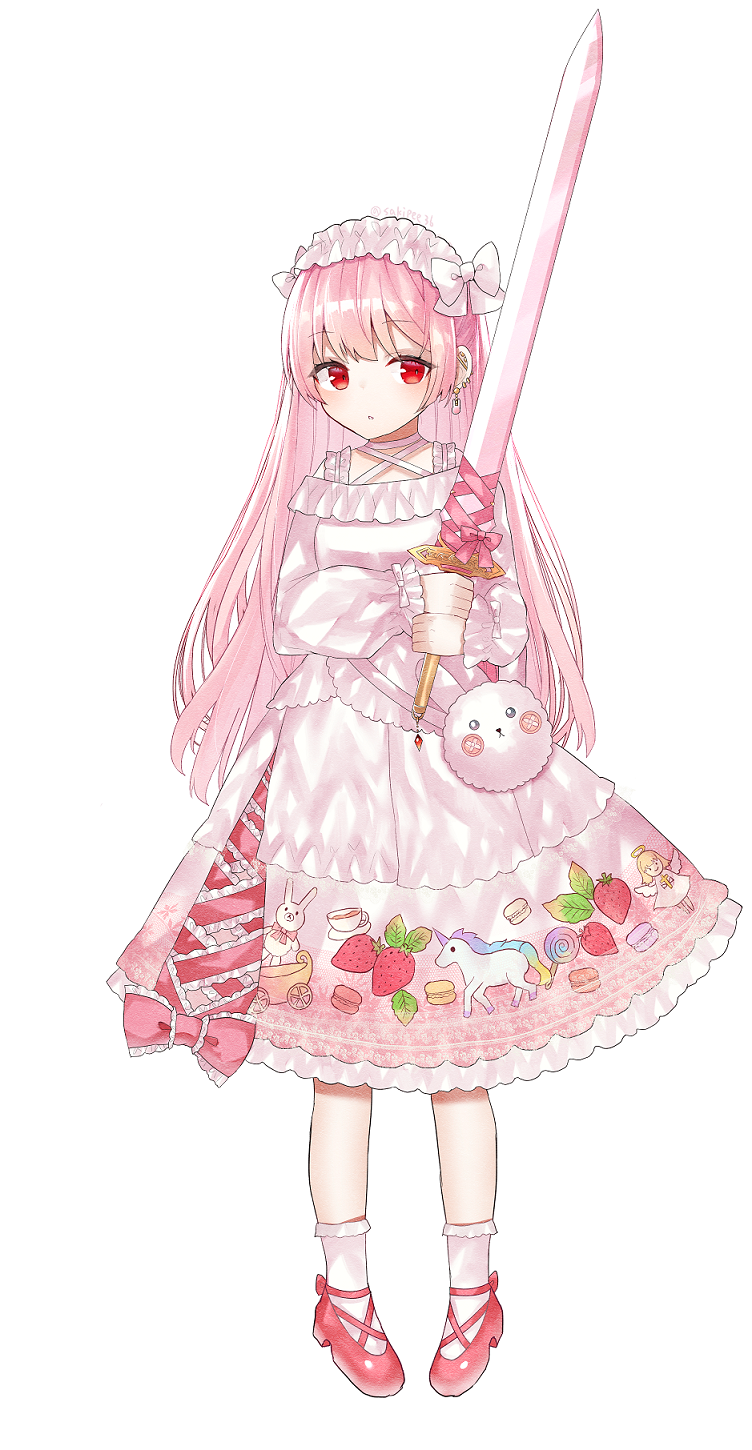 1girl angel bag blush bobby_socks candy commentary_request cup dangle_earrings dress eyebrows_visible_through_hair food fruit full_body hair_ribbon hairband handbag highres holding holding_sword holding_weapon layered_dress leaf lolita_fashion lolita_hairband lollipop long_hair long_sleeves looking_at_viewer macaron neck_ribbon original petticoat piercing pigeon-toed pink_dress pink_eyes pink_hair pink_neckwear print_skirt rabbit red_eyes red_footwear ribbon sakipsakip saucer simple_background skirt socks solo standing strawberry swirl_lollipop sword teacup toy_wagon twitter_username unicorn very_long_hair weapon white_background white_legwear