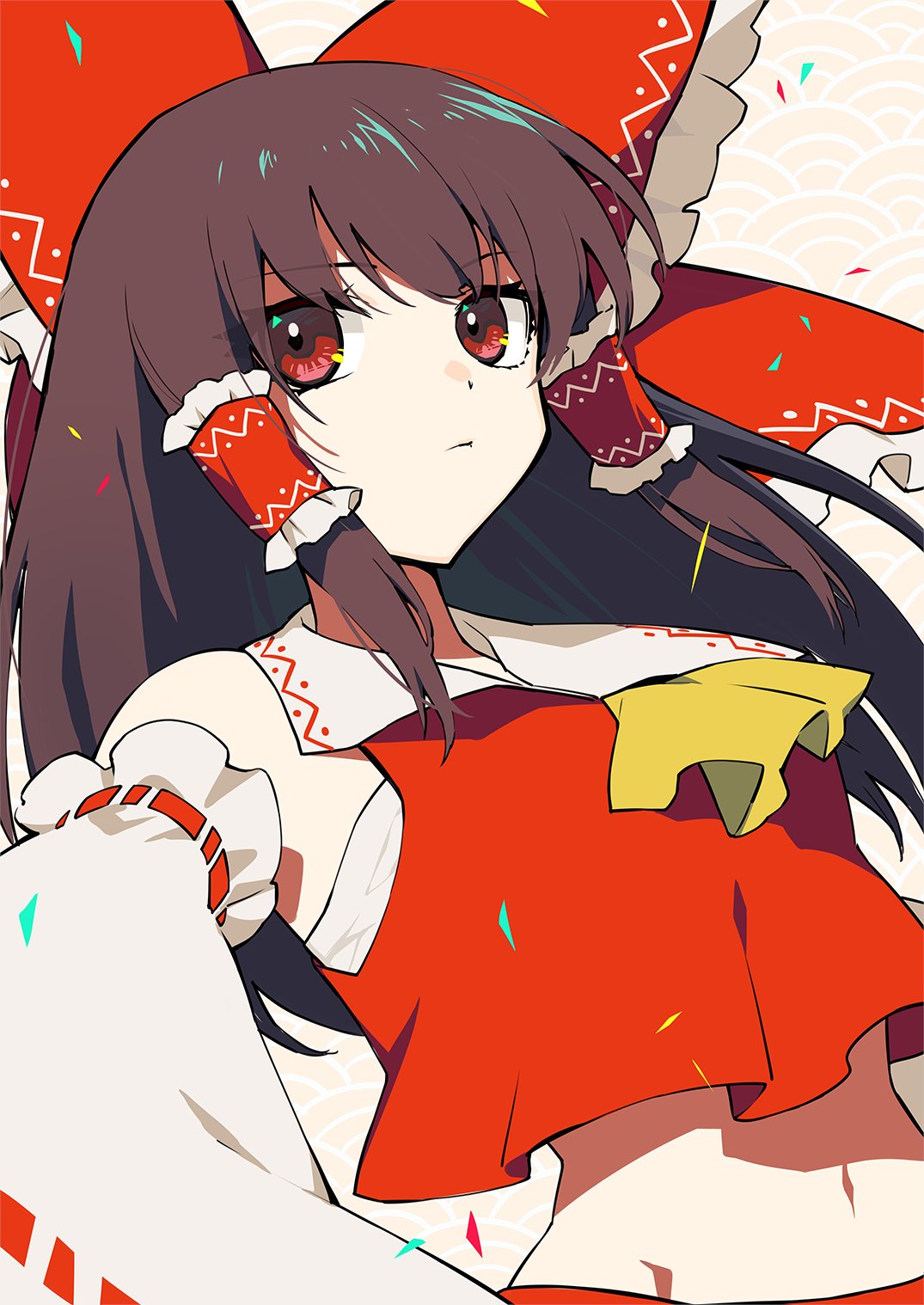 1girl ascot bangs bare_shoulders bow brown_hair closed_mouth detached_sleeves frilled_bow frills futoumeido hair_bow hair_tubes hakurei_reimu highres japanese_clothes medium_hair miko navel nontraditional_miko red_bow red_eyes red_shirt shirt solo touhou yellow_neckwear