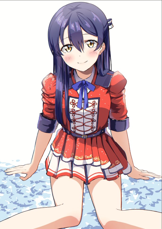 1girl arm_support bangs blue_hair blush commentary_request dress hair_between_eyes long_hair looking_at_viewer love_live! love_live!_school_idol_project red_dress shaka_(staito0515) simple_background sitting skirt smile solo sonoda_umi yellow_eyes