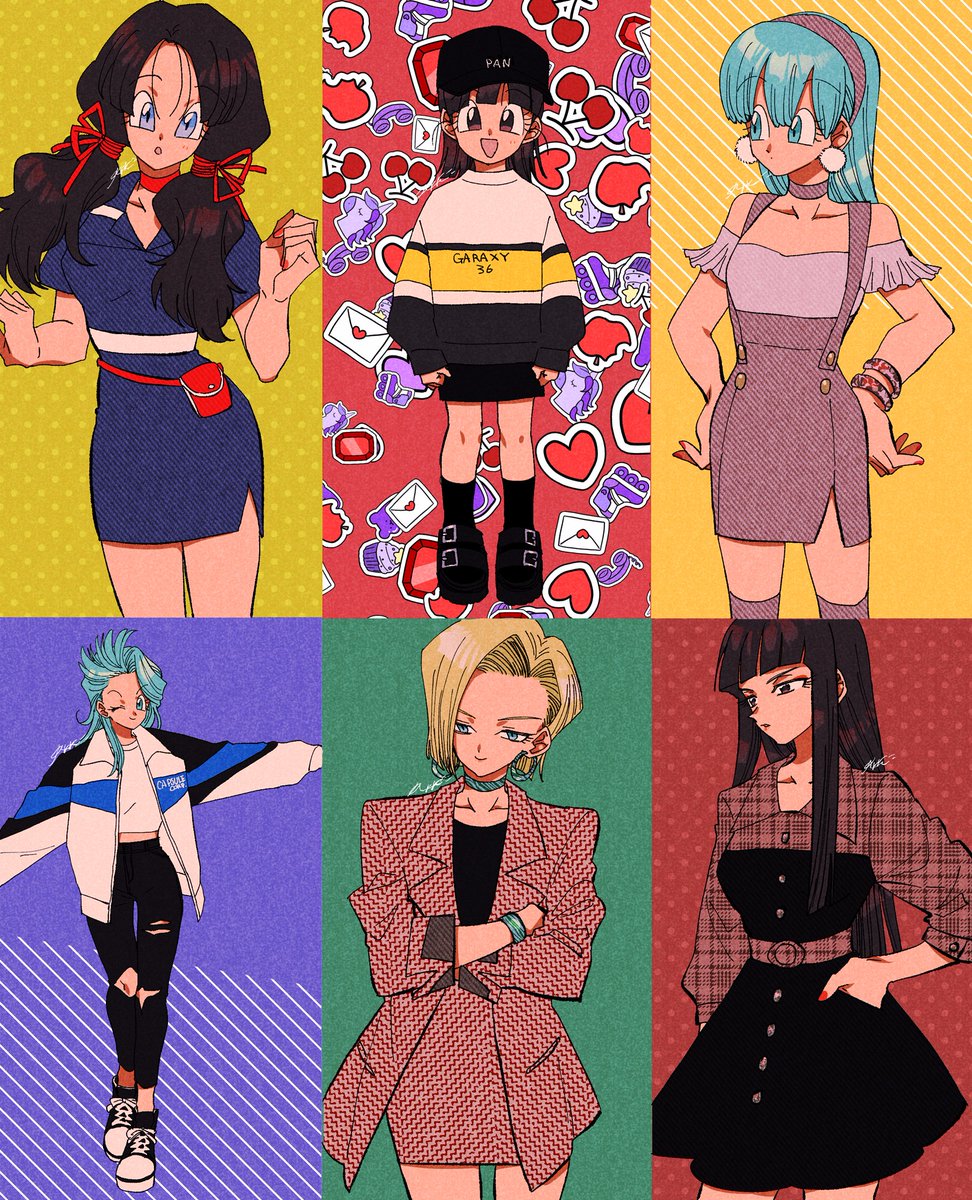 6+girls :d :o ;) alternate_costume android_18 apple arm_at_side arms_at_sides bangs bare_arms bare_legs bare_shoulders baseball_cap beige_legwear black_dress black_eyes black_footwear black_hair black_headwear black_legwear blonde_hair blue_background blue_dress blue_eyes blue_hair blunt_bangs bra_(dragon_ball) bracelet breasts bulma buttons capsule_corp casual character_name cherry cherry_background child choker clenched_hands clothes_writing collarbone collared_dress contemporary cowboy_shot crossed_arms denim dragon_ball dragon_ball_(classic) dragon_ball_gt dragon_ball_z dress earrings expressionless eyebrows_visible_through_hair eyelashes fanny_pack fashion fingernails food food_background formal fruit full_body gem green_background grin hair_between_eyes hair_ribbon hairband half-closed_eyes hand_in_pocket hands_on_hips hands_up hat head_tilt heart highres hime_cut jacket jeans jewelry kararai_raika legs_together letter long_hair long_sleeves looking_at_viewer looking_away looking_to_the_side love_letter mai_(dragon_ball) medium_breasts multiple_girls off_shoulder one_eye_closed open_mouth orange_background outstretched_arms overall_skirt pan_(dragon_ball) pants parted_lips phone pink_background plaid plaid_dress plaid_jacket polka_dot polka_dot_background pom_pom_(clothes) pom_pom_earrings red_background red_choker red_nails red_neckwear red_ribbon ribbon roller_skates ruby_(gemstone) shiny shiny_hair shirt shoes short_dress short_hair short_sleeves sidelocks signature simple_background skates smile sneakers socks standing straight_hair striped striped_background striped_hairband suit suit_jacket sweater thigh-highs thighs torn_clothes torn_jeans torn_pants twintails unicorn v-shaped_eyebrows videl white_shirt yellow_background zettai_ryouiki
