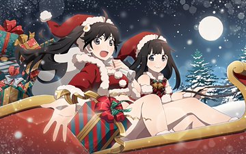 2girls araragi_karen araragi_tsukihi gift hat long_hair lowres monogatari_(series) monogatari_series_puc_puc multiple_girls santa_bikini santa_costume santa_hat siblings sisters sleigh