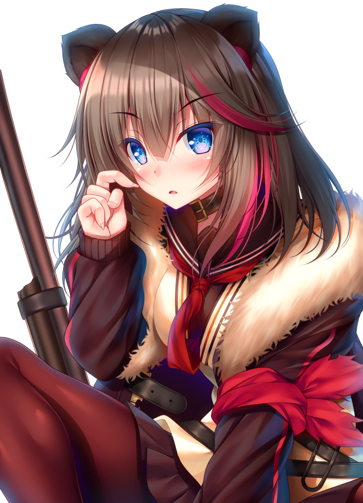 1girl animal_ears arknights bangs bear_ears belt_collar black_collar black_sailor_collar blue_eyes blush breasts brown_hair brown_jacket brown_legwear brown_shirt brown_skirt collar commentary_request eyebrows_visible_through_hair fur-trimmed_jacket fur_trim hair_between_eyes jacket long_hair medium_breasts multicolored_hair open_clothes open_jacket pantyhose parted_lips pleated_skirt red_neckwear redhead sailor_collar shirt simple_background sitting skirt solo streaked_hair vest white_background white_vest yunagi_amane zima_(arknights)