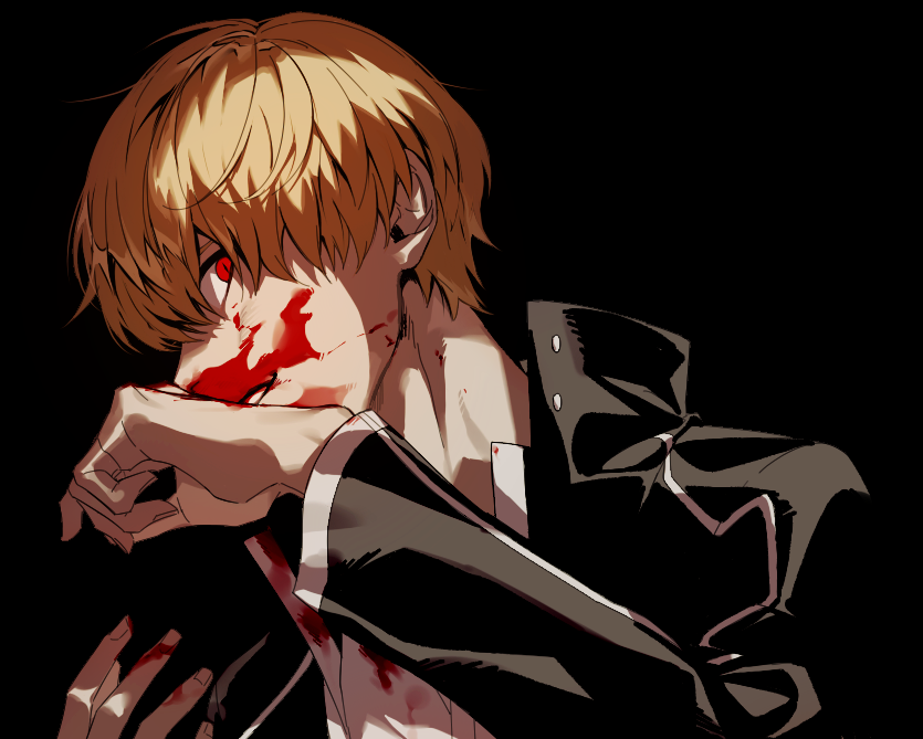 1boy blonde_hair blood blood_on_face casual fate/stay_night fate_(series) gilgamesh maka_(mksrw) male_focus red_eyes slit_pupils solo turning_head wiping_face