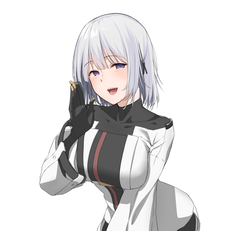 1girl :d bishi_(bishi) black_gloves blush breasts girls_frontline gloves open_mouth rpk-16_(girls_frontline) short_hair silver_hair simple_background smile solo teeth tongue violet_eyes white_background