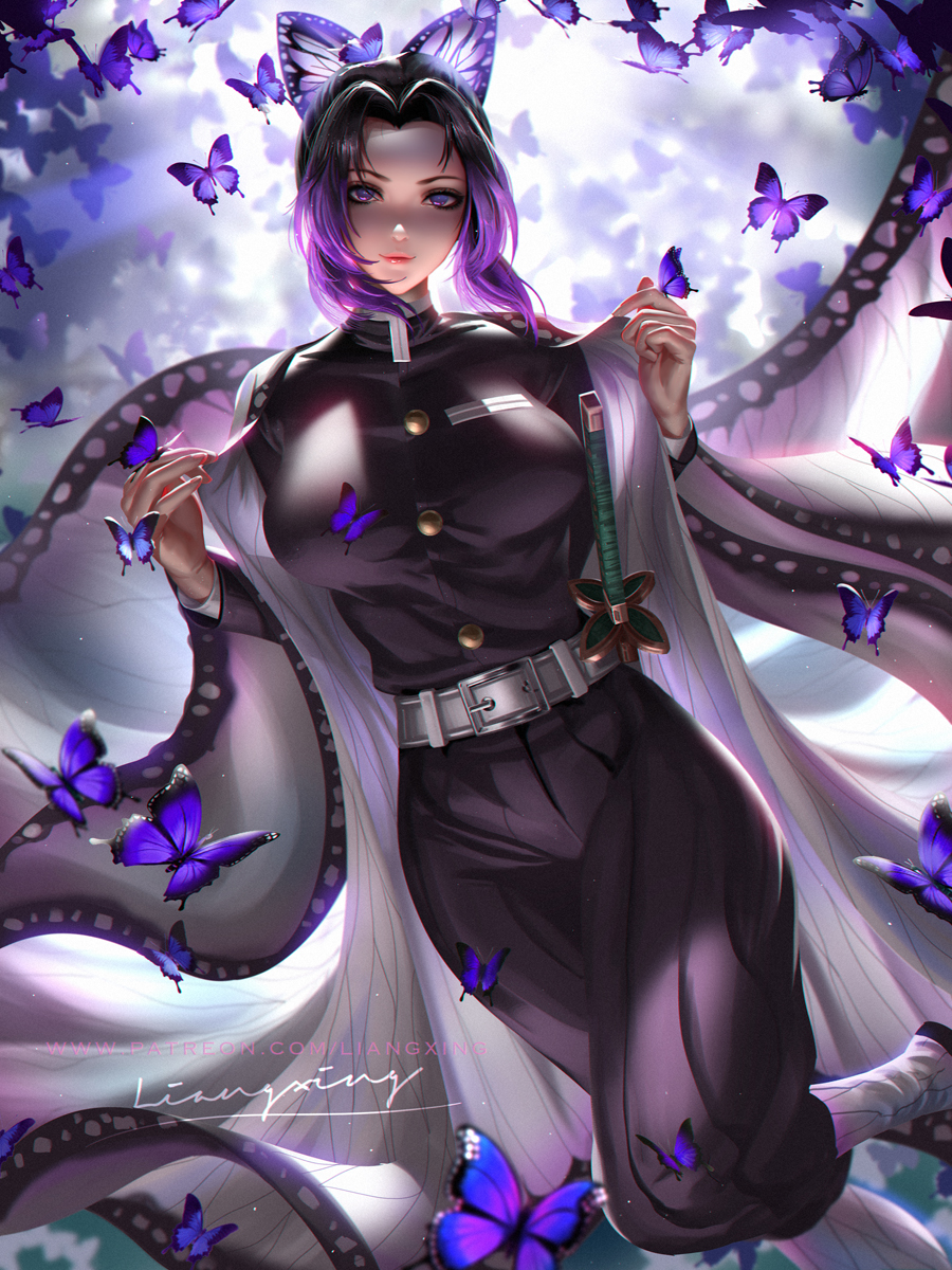 1girl bangs belt black_hair breasts bug butterfly butterfly_hair_ornament dutch_angle hair_ornament haori highres insect japanese_clothes katana kimetsu_no_yaiba kochou_shinobu large_breasts liang_xing lips long_sleeves looking_at_viewer multicolored_hair parted_bangs purple_butterfly purple_hair short_hair signature smile solo sword two-tone_hair violet_eyes watermark weapon web_address white_belt