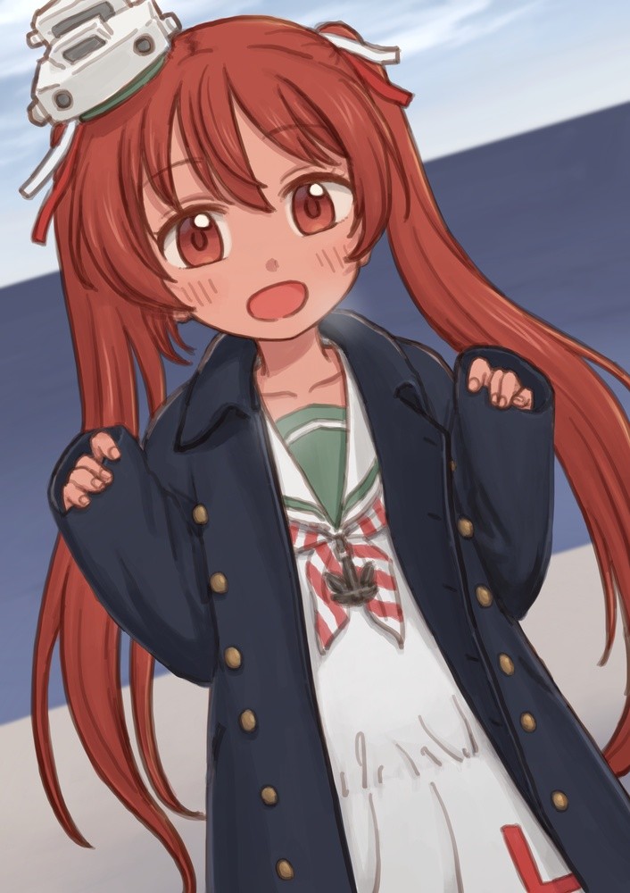 1girl black_coat blue_sky blush brown_eyes brown_hair child clothes_writing clouds collarbone commentary_request dress dutch_angle eyebrows_visible_through_hair female hat horizon kantai_collection libeccio_(kantai_collection) long_hair long_sleeves looking_at_viewer mini_hat ocean omodaka_(nitera1041) open_mouth sailor_dress sky smile solo twintails white_dress