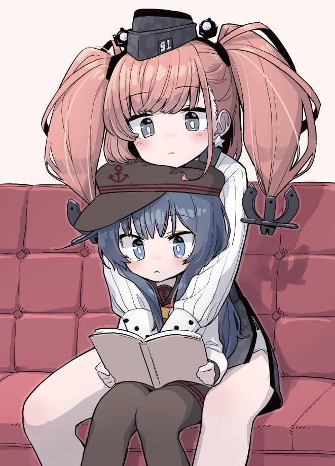 2girls :&lt; akatsuki_(kantai_collection) anchor anchor_hair_ornament anchor_symbol atlanta_(kantai_collection) bangs black_eyes black_headwear black_legwear blue_eyes blue_hair blush book brown_hair closed_mouth couch earrings eyebrows_visible_through_hair flat_cap garrison_cap hair_ornament hat headgear holding holding_book jewelry kantai_collection long_hair long_sleeves monaka_ooji multiple_girls on_lap pantyhose sailor_collar school_uniform serafuku simple_background single_earring sitting sitting_on_lap sitting_on_person star star_earrings twintails white_legwear