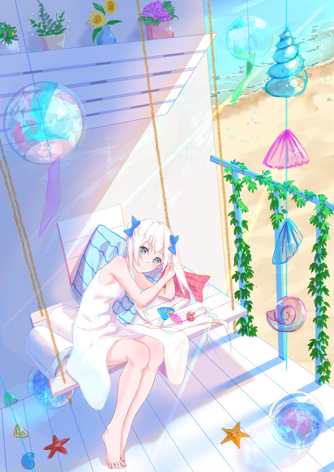 1girl aqua_eyes barefoot beach blue_bow bow chinese_commentary commentary_request dress hair_bow highres ivy long_hair looking_at_viewer original patio_swing plant porch potted_plant seashell shell shore sitting solo starfish sundress twintails water wer0 white_dress white_hair wind_chime