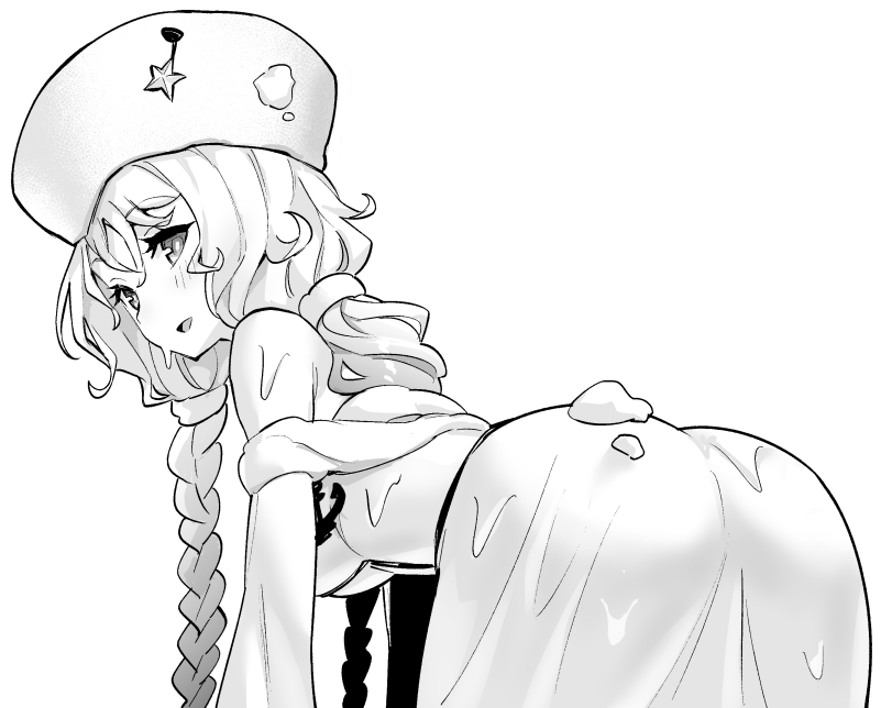 1girl ass avrora_(azur_lane) azur_lane bare_shoulders bent_over braid breasts dress fur_hat greyscale hat hori_(hori_no_su) long_hair looking_at_viewer looking_back monochrome off-shoulder_dress off_shoulder open_mouth single_braid snow solo star ushanka very_long_hair