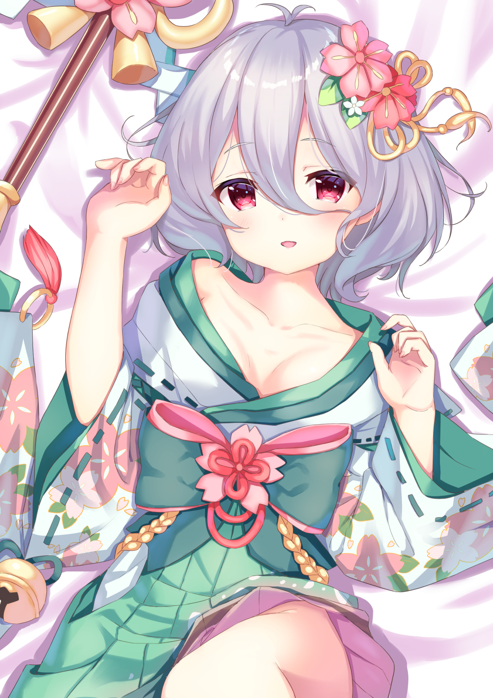 1girl :d antenna_hair bangs bed_sheet bell blush bow collarbone commentary_request eyebrows_visible_through_hair flower green_bow green_hakama grey_hair hair_between_eyes hair_flower hair_ornament hakama hands_up highres japanese_clothes jingle_bell kimono knee_up kokkoro_(princess_connect!) long_sleeves looking_at_viewer lying on_back open_mouth pink_bow pink_flower princess_connect! princess_connect!_re:dive red_eyes red_flower ribbon-trimmed_sleeves ribbon_trim smile solo tsukiman white_flower white_kimono wide_sleeves