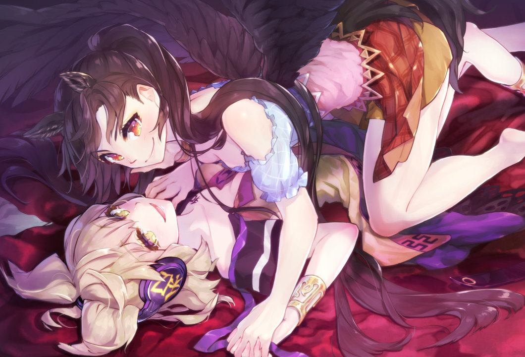 2girls :d animal_ears anklet bangs bare_legs bare_shoulders barefoot bed_sheet black_hair black_wings blonde_hair blue_shirt blush bracelet breasts brown_skirt chest_tattoo commentary_request earmuffs eyebrows_visible_through_hair feathered_wings feet_out_of_frame hair_between_eyes hand_up holding_hands horse_ears jewelry kneeling kurokoma_saki long_hair looking_at_viewer lying miniskirt multiple_girls no_hat no_headwear off-shoulder_shirt off_shoulder on_back open_mouth ponytail puffy_short_sleeves puffy_sleeves red_eyes shirt short_hair short_sleeves skirt small_breasts smile syuri22 tail tattoo thighs touhou toyosatomimi_no_miko very_long_hair wings yellow_eyes yuri