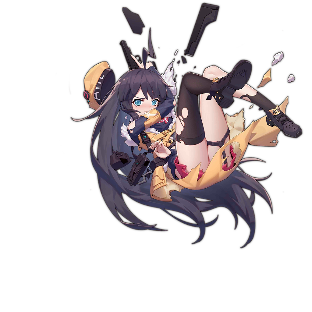 1girl alternate_costume asymmetrical_legwear bangs bare_shoulders belt beret black_footwear black_hair black_legwear blue_eyes blush breasts chunrijun_(springer) collarbone floating girls_frontline gloves gun handgun hat kneehighs long_hair mechanical_arm mod3_(girls_frontline) off-shoulder_sweater off_shoulder official_art open_mouth pink_skirt purple_sweater ribbed_sweater shoes sidelocks single_kneehigh single_thighhigh skirt small_breasts solo stechkin_(girls_frontline) stechkin_aps sweater thigh-highs thigh_strap torn_clothes transparent_background trigger_discipline watermark weapon yellow_coat yellow_headwear