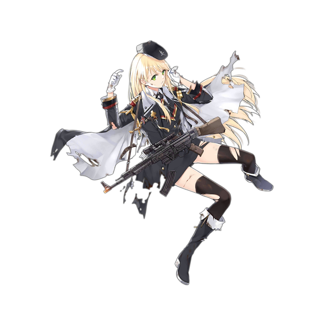 1girl arms_up assault_rifle black_footwear black_legwear black_skirt blonde_hair boots collar collared_shirt damaged full_body girls_frontline gloves green_eyes gun hao_(patinnko) hat jacket long_hair long_sleeves looking_at_viewer military military_hat military_uniform necktie official_art parted_lips rifle scope shirt skirt solo stg44 stg44_(girls_frontline) thigh-highs torn_clothes torn_jacket torn_legwear torn_skirt transparent_background uniform weapon white_gloves