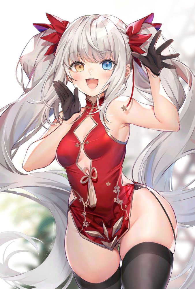 1girl armpits blush breasts china_dress chinese_clothes dress gloves hair_ornament heterochromia kagura_mea kagura_mea_channel long_hair looking_at_viewer mamemena medium_breasts open_mouth simple_background solo thigh-highs twintails virtual_youtuber white_background