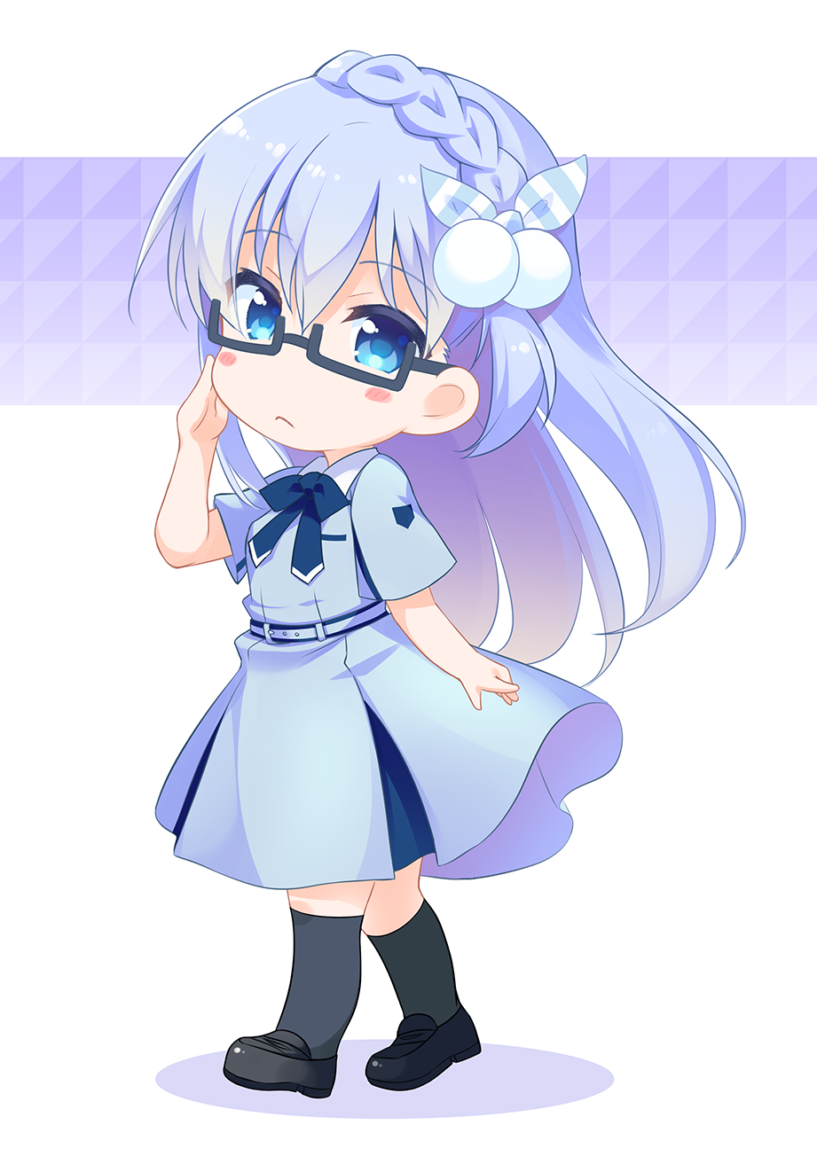 1girl 22/7 black_legwear blue_eyes blue_hair blue_skirt blush_stickers braid chibi full_body glasses hair_ornament hand_on_own_cheek highres kneehighs long_hair looking_at_viewer maruyama_akane mocchii penny_loafers shoes short_sleeves simple_background skirt solo standing uniform