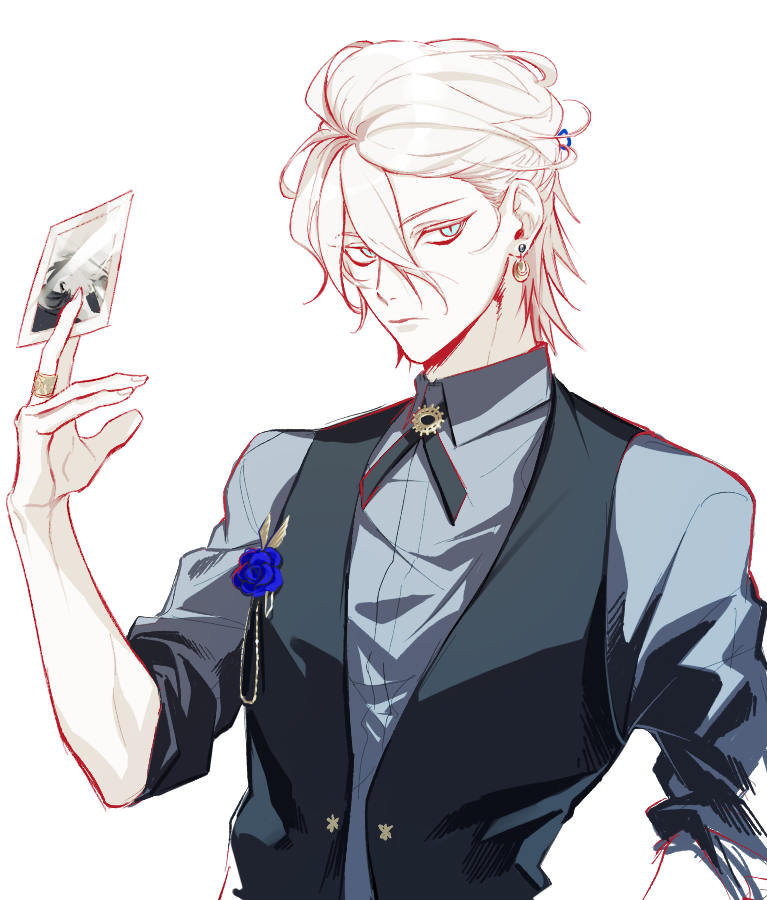 1boy blue_eyes card corsage earrings eyeliner fate/grand_order fate_(series) holding holding_card jewelry karna_(fate) looking_at_viewer maka_(mksrw) makeup male_focus photo_(object) ring solo upper_body veset waistcoat wavy_hair white_hair