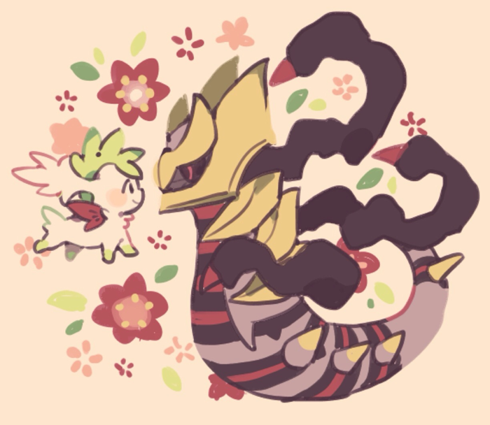 creature eye_contact floral_background gen_4_pokemon giratina legendary_pokemon looking_at_another maru_(umc_a) no_humans pokemon pokemon_(creature) shaymin size_difference white_background