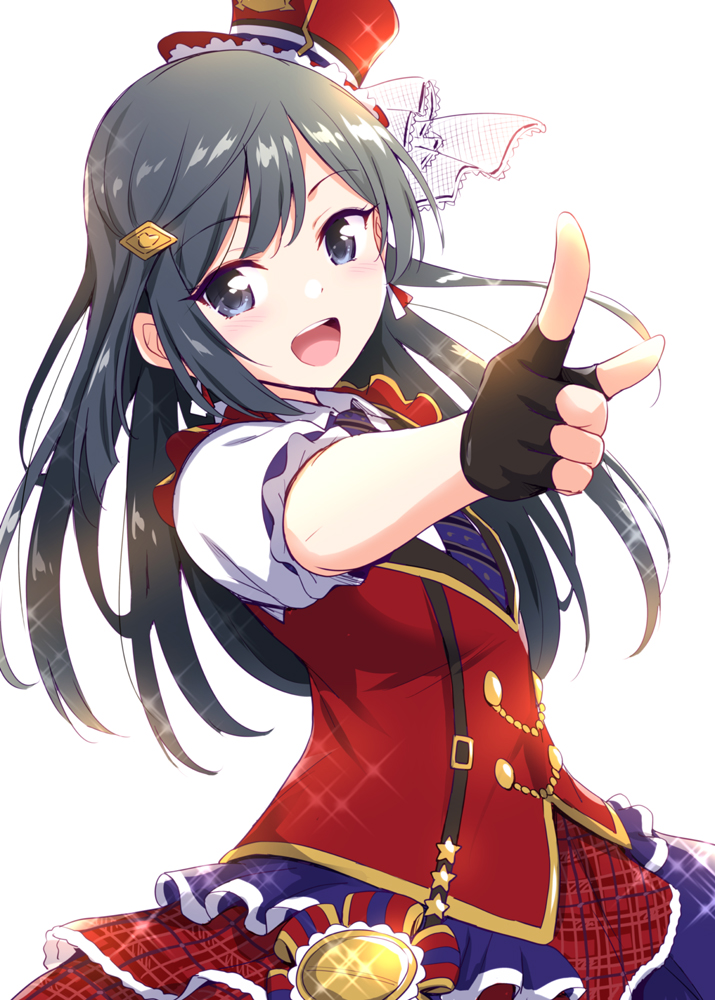 1girl bangs black_eyes black_gloves black_hair blush commentary_request dress eyebrows_visible_through_hair fingerless_gloves gloves hair_ornament hat long_hair looking_at_viewer love_live! love_live!_school_idol_festival marugoshi_(54burger) open_mouth perfect_dream_project red_dress red_headwear short_sleeves simple_background skirt smile white_background yuuki_setsuna_(love_live!)