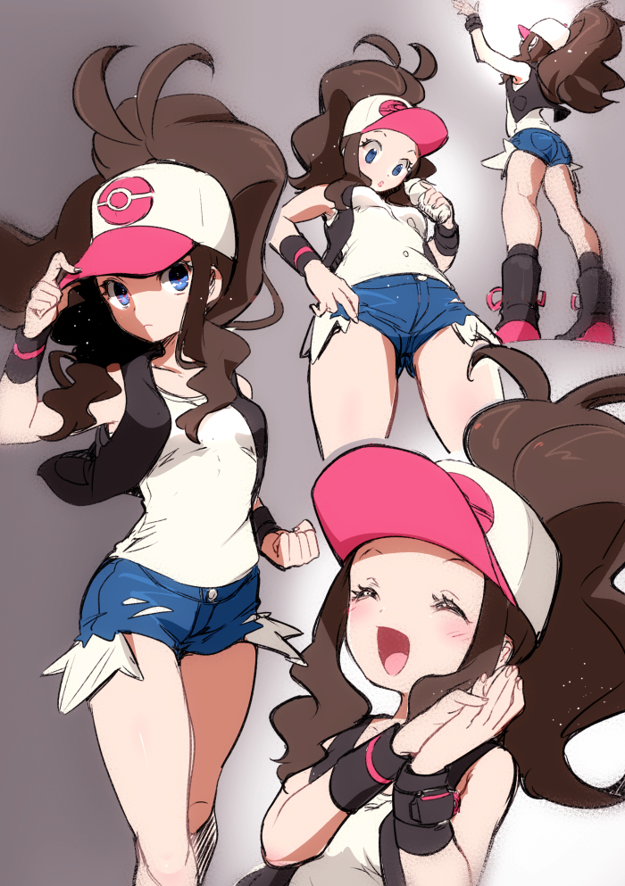 1girl baseball_cap black_footwear black_vest blue_eyes boots breasts brown_hair chorimokki clenched_hand closed_eyes cutoffs denim denim_shorts exposed_pocket gradient gradient_background grey_background hands_up happy hat high_ponytail long_hair looking_down multiple_views open_mouth own_hands_together pokemon pokemon_(game) pokemon_bw shirt short_shorts shorts sidelocks sleeveless sleeveless_shirt small_breasts smile touko_(pokemon) vest white_background white_headwear white_shirt wristband