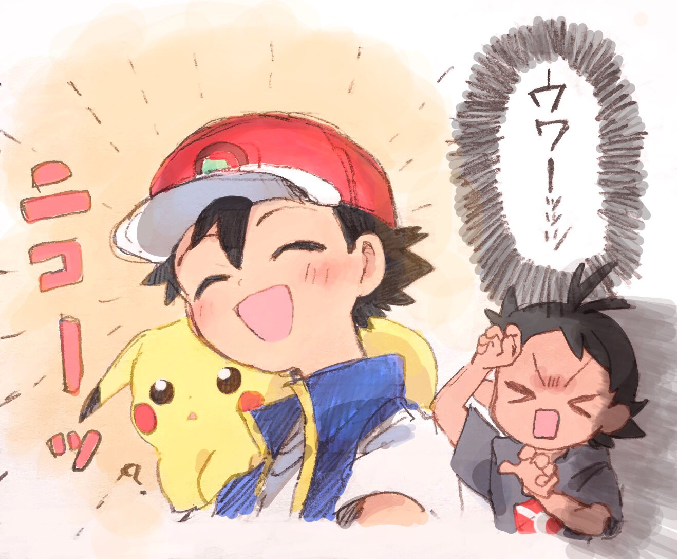 &gt;o&lt; 2boys ^_^ ^o^ arms_up baseball_cap black_hair blue_vest blush closed_eyes commentary_request cowering dark_skin dark_skinned_male gou_(pokemon) grey_shirt hair_ornament hairclip hat kurage2535 light_rays male_focus multiple_boys pikachu pokemon pokemon_(anime) pokemon_(creature) pokemon_on_shoulder pokemon_swsh_(anime) satoshi_(pokemon) shirt simple_background solo_focus spiky_hair translation_request upper_body vest white_background white_shirt