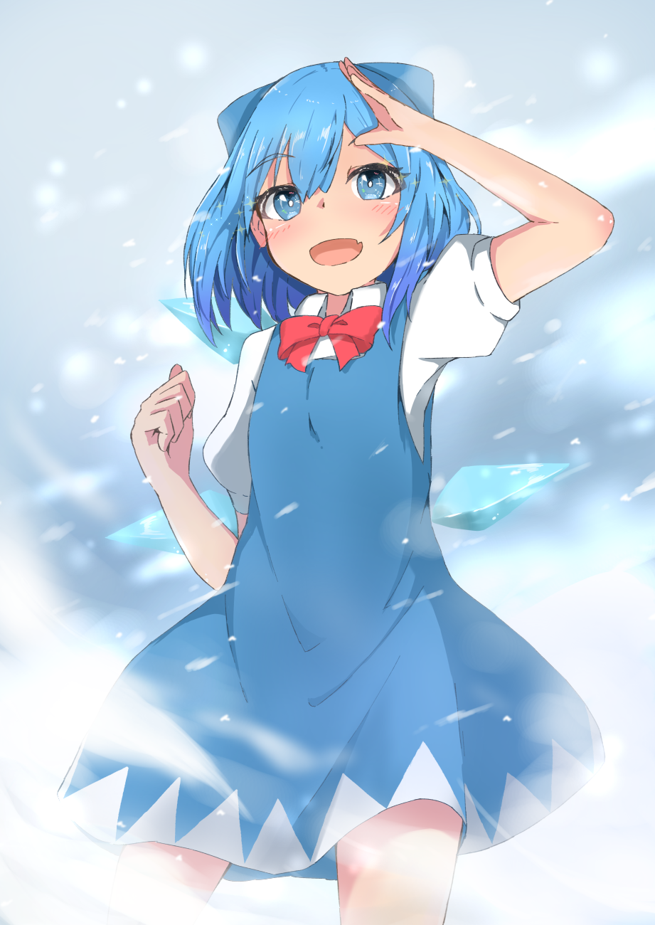 1girl arms_up blue_dress blue_eyes blue_hair bow bowtie bright_pupils cirno clenched_hand commentary_request contrapposto cowboy_shot dress eyebrows_visible_through_hair fang grey_background hair_between_eyes hair_bow hand_on_own_forehead highres looking_at_viewer mizune_(winter) open_mouth pinafore_dress puffy_short_sleeves puffy_sleeves red_neckwear shirt short_hair short_sleeves simple_background skin_fang snowing solo standing thick_eyebrows touhou white_pupils white_shirt wings