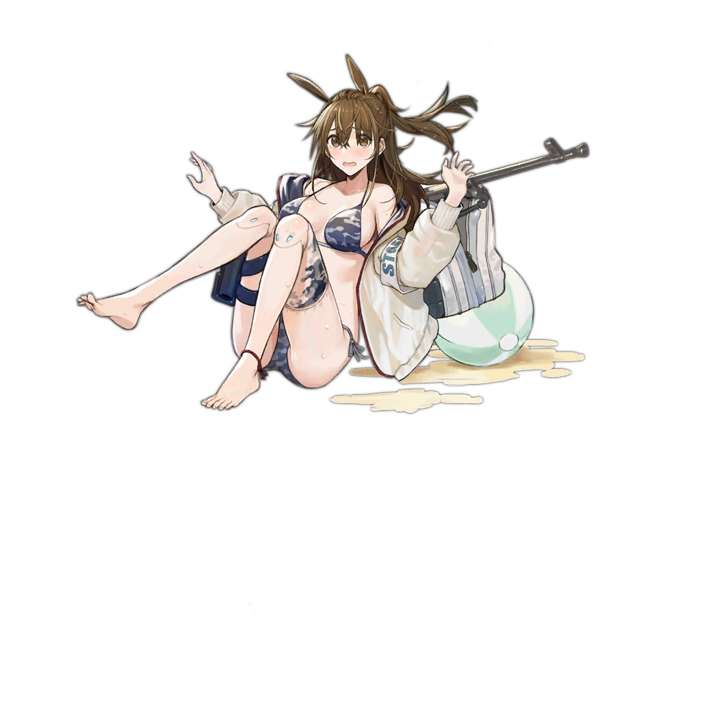 1girl alternate_costume animal_ears anklet armband bag ball bangs barefoot beachball bikini blue-framed_eyewear blush breasts brown_eyes brown_hair camouflage camouflage_bikini collarbone feet floating_hair full_body girls_frontline glasses grey_bikini grey_jacket gun hair_ornament horse_ears jacket jewelry large_breasts long_hair mechanical_legs navel nin official_art open_mouth pouch robot_joints semi-rimless_eyewear shoulder_bag sidelocks sitting solo stomach swimsuit thigh_strap transparent_background type_88_(girls_frontline) under-rim_eyewear unzipped weapon weapon_bag